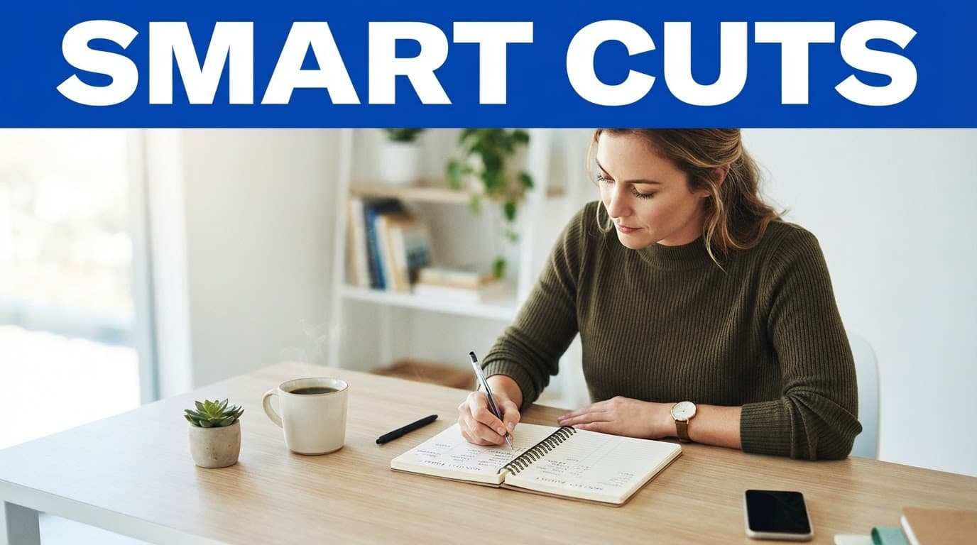 One person at a desk beneath a blue SMART CUTS banner, with a notebook, pen, and coffee.