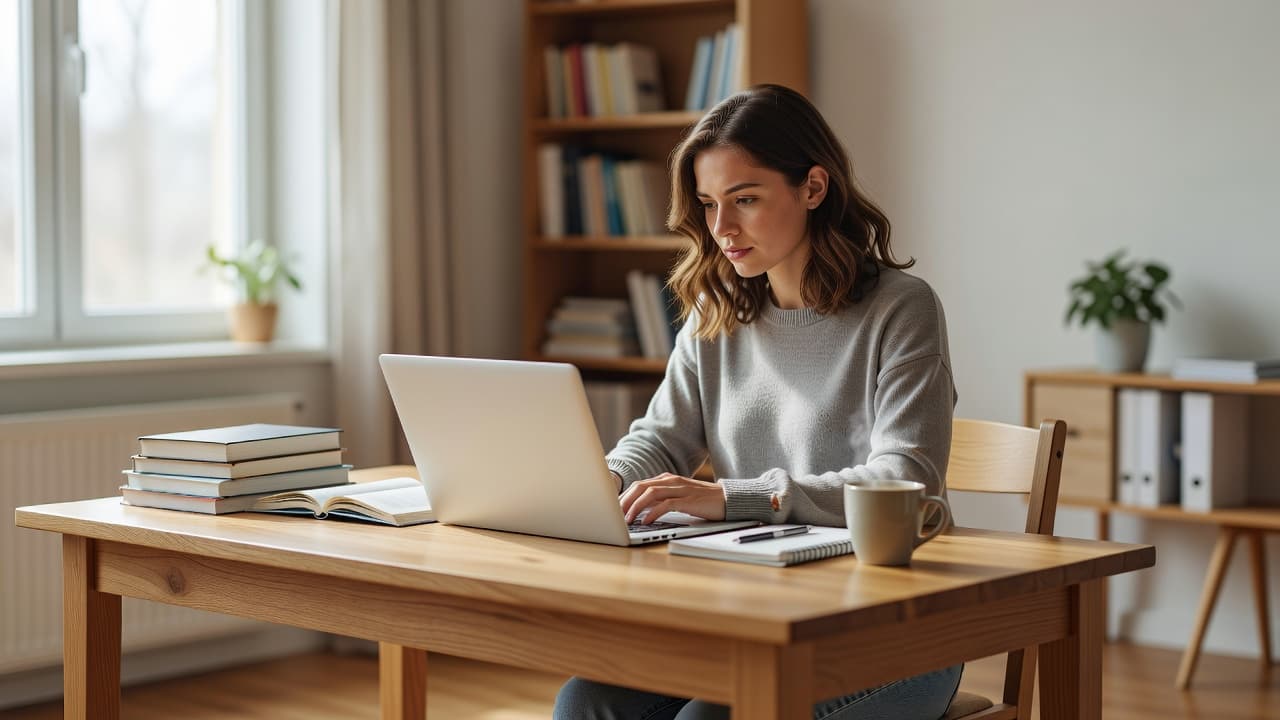 A student working on a laptop at a neat desk in a bright room.
