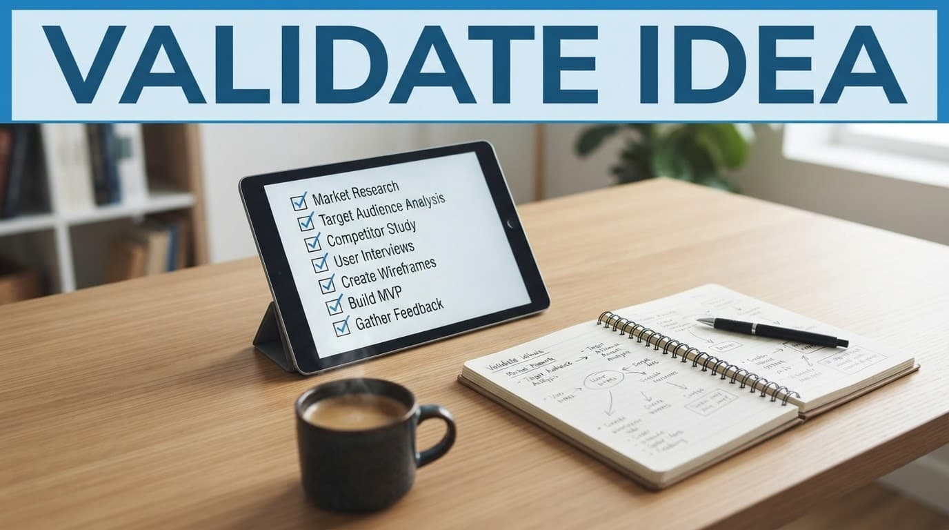 Tablet with a validation checklist beside a notebook and coffee mug on a clean desk.
